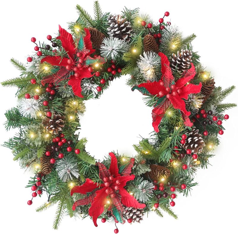 Photo 1 of 24 Inch Christmas Wreaths for Front Door, Christmas Door Wreath with Pine Cones,Berries Battery Operated LED Lights, Large Artificial Christmas Wreath for Outdoor Holiday Xmas Decorations 