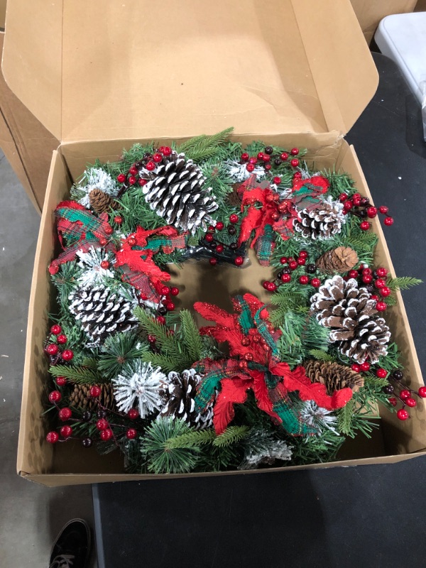 Photo 2 of 24 Inch Christmas Wreaths for Front Door, Christmas Door Wreath with Pine Cones,Berries Battery Operated LED Lights, Large Artificial Christmas Wreath for Outdoor Holiday Xmas Decorations 