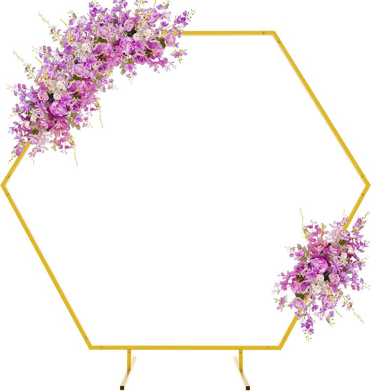 Photo 1 of Asee'm 7.2 FT Gold Hexagon Metal Wedding Arch Hexagon Backdrop Stand for Ceremony Birthday Reception Stage Wedding Graduation Party and Baby Shower Backdrop Frame Decoration 