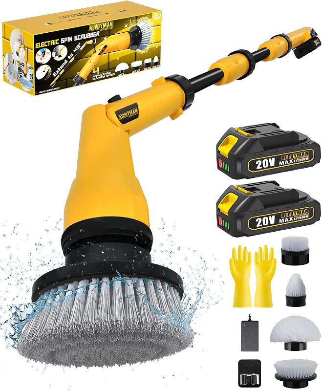 Photo 1 of Alloyman 2 Battery Electric Spin Scrubber,1000RPM Cordless Cleaning Brush Waterproof 20V Power Supplied,Adjustable Extension Arm,4 Replaceable Cleaning Heads,Hook,Gloves - Tub/Tile/Wall/Floor Yellow 