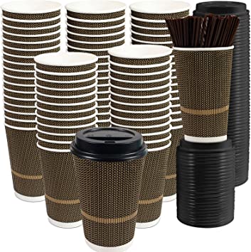 Photo 1 of GLUX Coffee Cups with Lids 16 oz (80 Pack), Brown Paper Cups Insulated To Go Coffee Hot Cups with Lids and Straws 16 oz Disposable cups with lids for Office Party Home Travel
