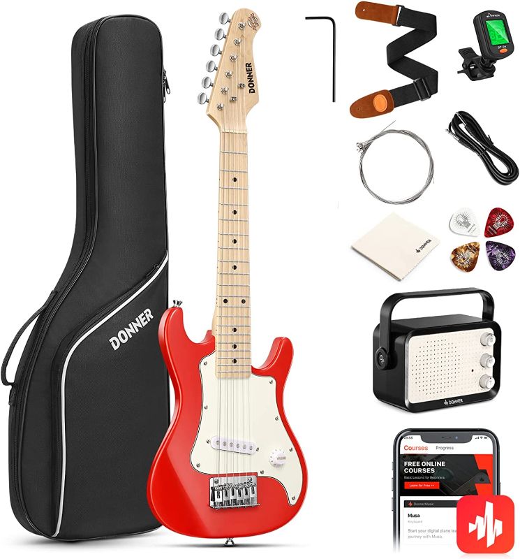 Photo 1 of Donner Kids Electric Guitar 30 Inch Mini Electric Guitar Beginner Kit ST Style Junior Starter Package Red for Boys Girls Children with Amp, 600D Bag, Tuner, Picks, Cable, Strap, Extra Strings DSJ-100