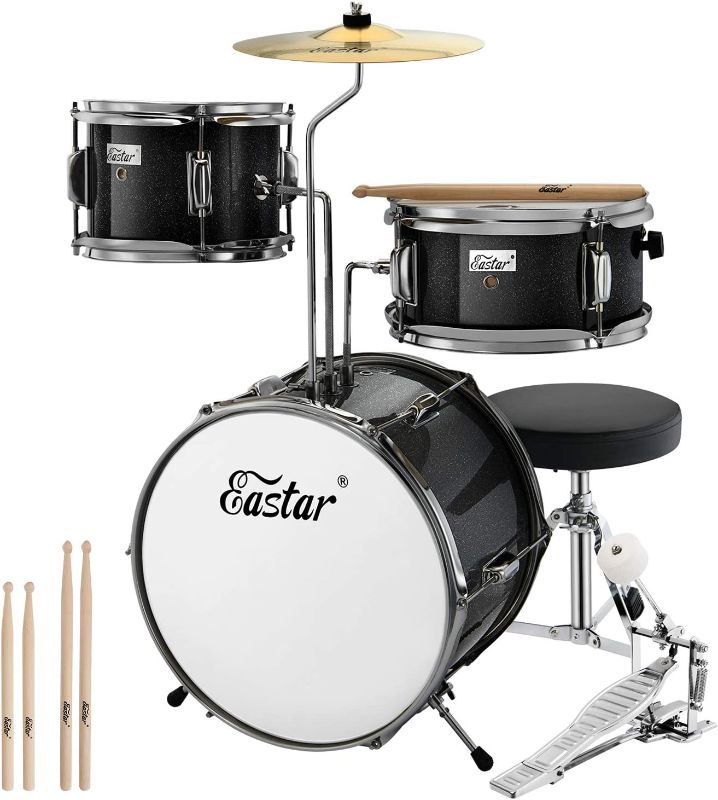 Photo 1 of Eastar Drum Set for Kids Beginners - Junior 3 Piece Drum Kit, 14'' Drums with Bass, Tom, Snare Drum, Adjustable Throne, Cymbal, Pedal & 2 Pairs of Drumsticks (Metallic Black)
Item Dimensions LxWxH	18.9 x 16.14 x 13.78 inches