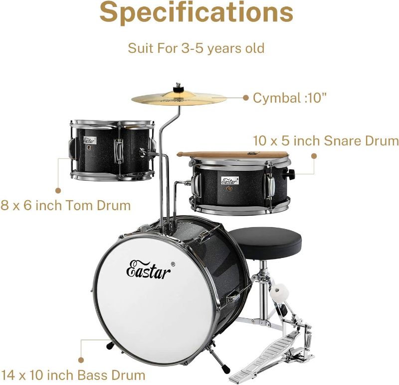 Photo 2 of Eastar Drum Set for Kids Beginners - Junior 3 Piece Drum Kit, 14'' Drums with Bass, Tom, Snare Drum, Adjustable Throne, Cymbal, Pedal & 2 Pairs of Drumsticks (Metallic Black)
Item Dimensions LxWxH	18.9 x 16.14 x 13.78 inches