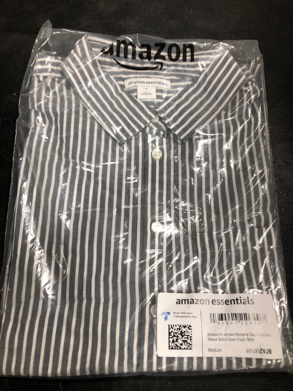 Photo 2 of Amazon Essentials Women's Classic-Fit Long-Sleeve Button-Down Poplin Shirt Medium Indigo, Stripe