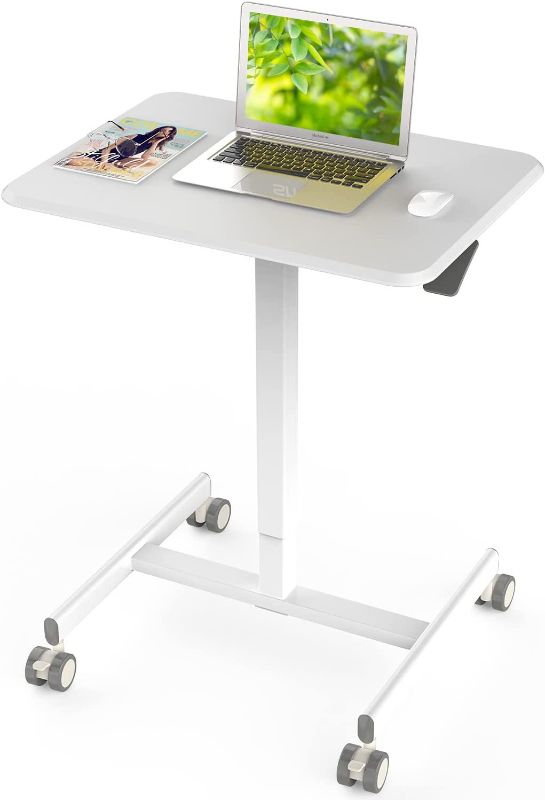 Photo 1 of SMUG Laptop Small Mobile Rolling Cart Ergonomic Table, Portable Standing Desk with Pneumatic Adjustments, Height Adj from 28.7'' to 43''BK, 19''x26'', White