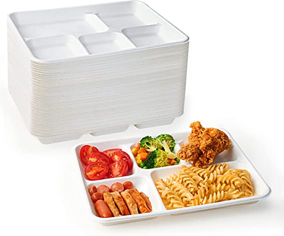 Photo 1 of 100% Compostable 5 Compartment Plates, 125 Pack Disposable Paper Plates, Heavy-Duty Biodegradable Sugarcane Plates, Eco-Friendly School Lunch Trays