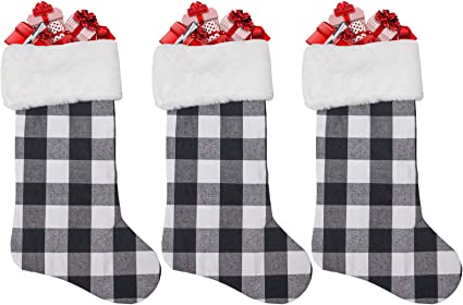 Photo 1 of 3 Pack Large Christmas Stocking, 18 Inch Black White Buffalo Plaid Xmas Stocking with White Plush Faux Fur Cuff Fireplace Hanging Decorations Mantel Decoration Gift Holder
