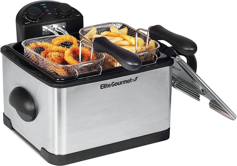 Photo 1 of Elite Gourmet 1700 Watt Stainless Steel 3-Basket Electric Deep Fryer with Timer and Temperature Knobs, 4.2L/17-Cup, Stainless Steel
