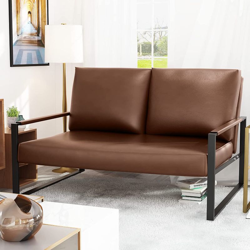 Photo 1 of AWQM Mid-Century Modern Solid Loveseat Sofa Upholstered Faux Leather 2-Seat Couch Metal Armchair Accent Chair for Small Space Living Room, Bedroom, 105 Degree Slant Back, Easy-Assembly, Brown
