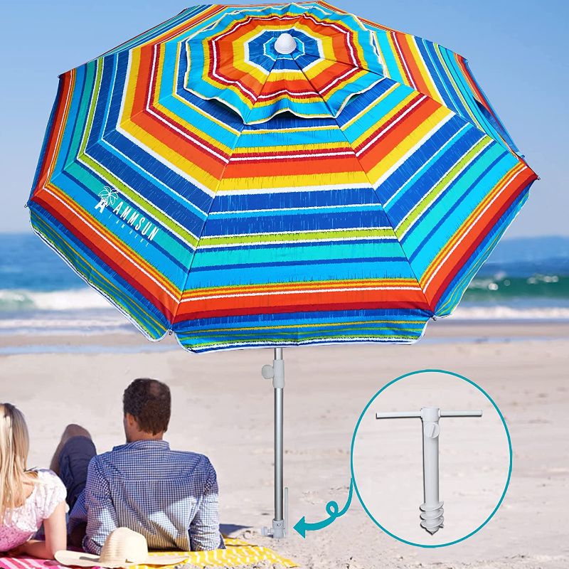 Photo 1 of AMMSUN Beach Umbrellas for Sand Heavy Duty Wind Portable,6.5 ft Beach Umbrella with Sand Anchor & UV 50+ Protection,Outdoor Patio Umbrella with Carry Bag for Beach Patio Garden Outdoor,Yellow Stripes
