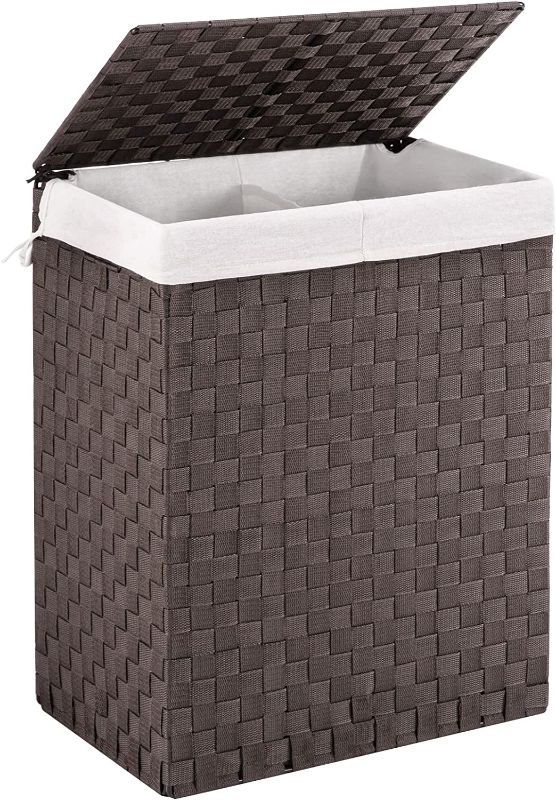 Photo 1 of YOUDENOVA 90L Handwoven Double Laundry Hamper with Lid, Divided Dirty Clothes Basket with Removable Liner Bag, Dual Hampers for Laundry Sorter 2 Section, Brown
