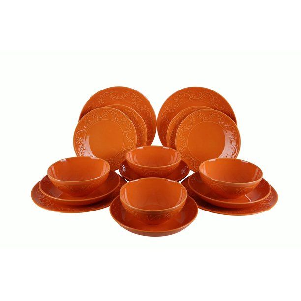 Photo 1 of  Porselen Ivy Collection, Ceramic 16 Piece Dinnerware Set for 4, Orange