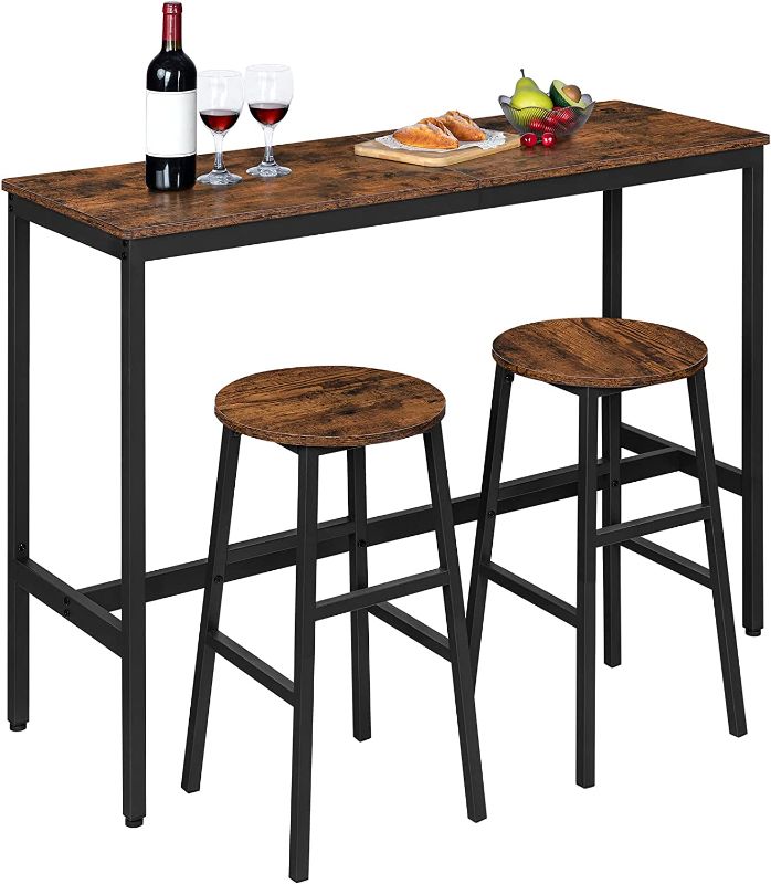 Photo 1 of ALLOSWELL Bar Table Set, Narrow Bar Table with 2 Bar Stools,3-Piece Dining Table Set,Industrial Breakfast Table Set with Solid Metal Frame,for Dining Room, Kitchen, Rustic Brown BTHR2001
