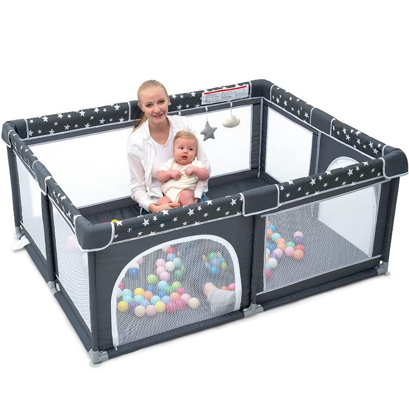 Photo 1 of ANGELBLISS Baby Playpen, Large Baby Playard, Play Pen for Babies and Toddlers with Gate, Indoor & Outdoor Play Area for Infants, Kids Safety Play Yard with Star Print (Dark Grey, 63"×47")
