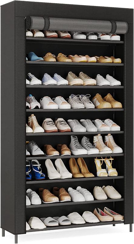 Photo 1 of 10 Tier Shoes Rack with Cover, Shoes Racks Organizer for Closet, Black Vertical Shoe Shelf for Entryway,50 Pair Large Shoe Stand, Non-Woven Shoe Storage Cabinet
