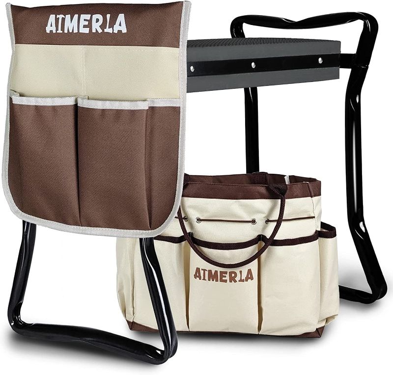 Photo 1 of Aimerla Foldable Garden Kneeler Seat Heavy Duty {Soft Thick Kneeling Pad} Durable Garden Stool - 2 large Capacity Garden Tool Bags with Pockets - Portable Garden Bench for Indoor and Outdoor Gardening
