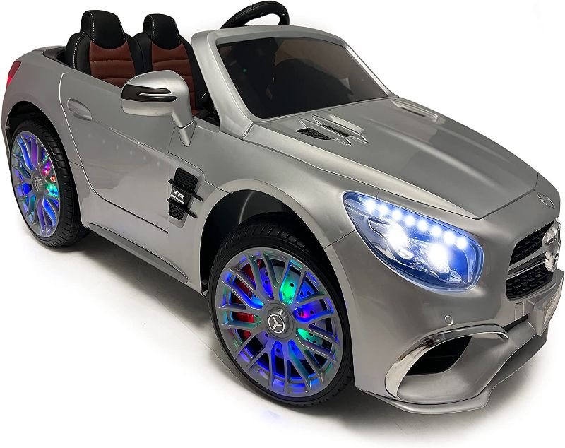 Photo 1 of Americas Toys Kids Car with Remote Control, Mp4 Touch Screen, LED Wheels, Leather Seat – Licensed Electric Car for Kid to Drive, Open Trunk, Pull Handle, Compatible with Mercedes Benz Painted Silver