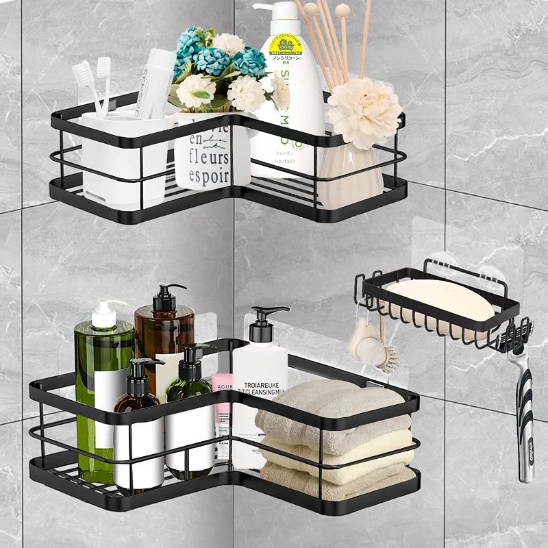 Photo 1 of Adhesive Corner Shower Caddy Shelf Basket Rack and Bar Soap Holder with 4 Hooks, Rust Proof No Drilling Shower Organizer Corner Shower Basket for Bathroom Toilet Kitchen Storage, Black