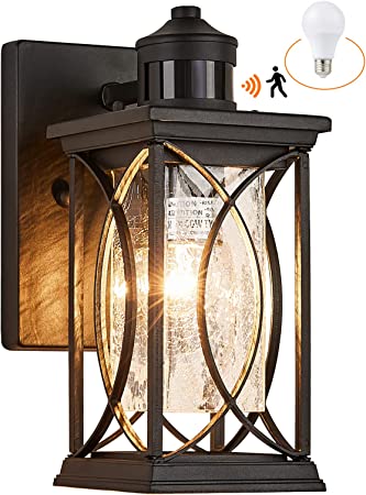 Photo 1 of Delicavy Motion Sensor Outdoor Wall Light with Dimmable Bulb, Modern Dusk to Dawn Exterior Light Fixture Wall Mount Porch Light Black with Crack-Like Glass Coach Lantern for House Garage
