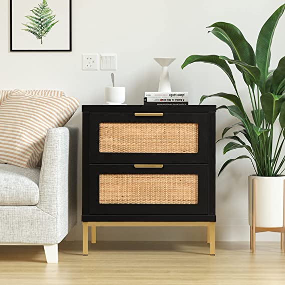 Photo 1 of Anmytek Rattan Nightstand, 21.5" H Farmhouse Bedside Table with 2 Spacious Drawers Rustic Sofa Side Table for Bedroom Living Room, Black, H0057
