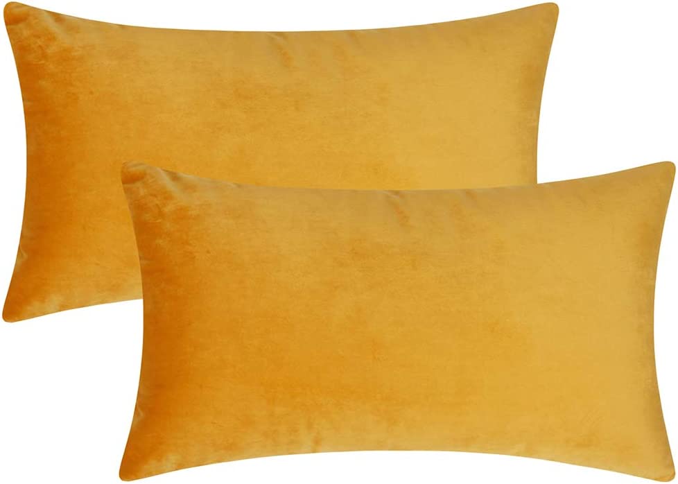 Photo 1 of Artcest Set of 2 Cozy Velvet Decorative Rectangular Throw Pillow Cases, Soft Solid Lumbar Cushion Covers for Sofa Couch and Bed, 12"x20" (Mustard Yellow)
