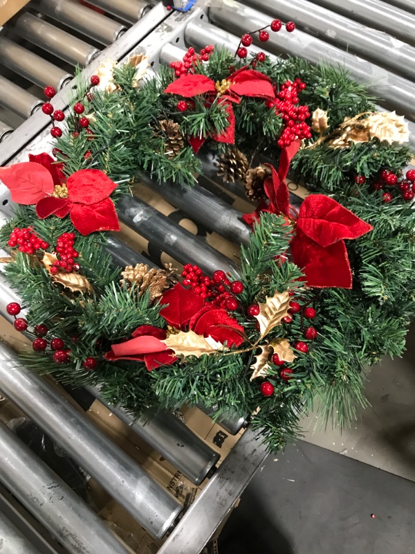 Photo 2 of 24 IN Christmas-Wreath,Christmas-Wreaths-for-Front-Door,Pre-Lit-Christmas-Decorations Door Wreath with 50 LED Lights,Poinsettia Flowers,Artificial Indoor/Outdoor Home Decor Gift Wreath for Door Mantel