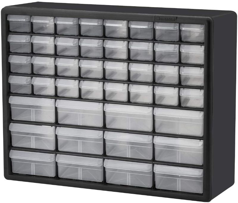 Photo 1 of Akro-Mils 10144, 44 Drawer Plastic Parts Storage Hardware and Craft Cabinet, 20-Inch W x 6.37-Inch D x 15.81-Inch H, Black

