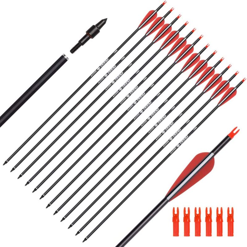 Photo 1 of YLSIO Archery Carbon Arrow Hunting Target Practice Arrows 26 28 30 Inch with Removable Tips for Compound & Recurve Bow Spine 500 6/12PCS 