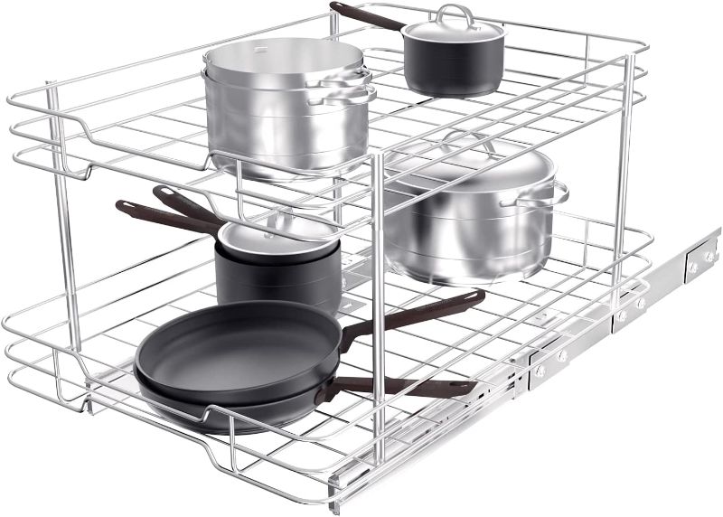 Photo 1 of 2 Tier Pull-out Cabinet Organizer, 17"W x 21"D Kitchen Under Sink Organizer, Slide Out Home Spice Rack Storage Shelves for Pots and Cans, Drawer Pantry Shelf Organization for Bathroom Base, Chrome 