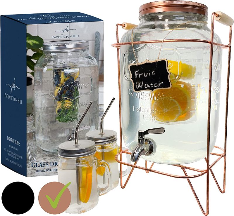 Photo 1 of 2 gallon glass drink dispenser with Rose Gold stand and 2 mason jars and stainless steel spigot and fruit infuser beverage dispenser drink dispenser for parties drink dispenser with spigot 