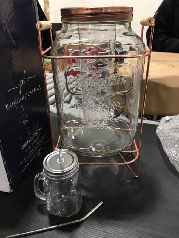 Photo 2 of 2 gallon glass drink dispenser with Rose Gold stand and 2 mason jars and stainless steel spigot and fruit infuser beverage dispenser drink dispenser for parties drink dispenser with spigot 