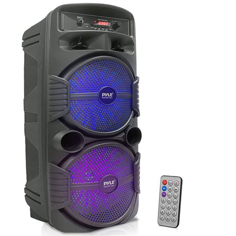 Photo 1 of Pyle Portable Bluetooth PA Speaker System - 600W Rechargeable Outdoor Bluetooth Speaker Portable PA System w/ Dual 8” Subwoofer 1” Tweeter, Microphone In, Party Lights, USB, Radio, Remote - PPHP2835B