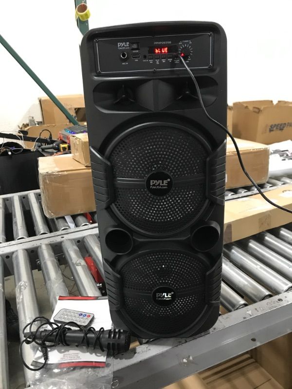 Photo 2 of Pyle Portable Bluetooth PA Speaker System - 600W Rechargeable Outdoor Bluetooth Speaker Portable PA System w/ Dual 8” Subwoofer 1” Tweeter, Microphone In, Party Lights, USB, Radio, Remote - PPHP2835B