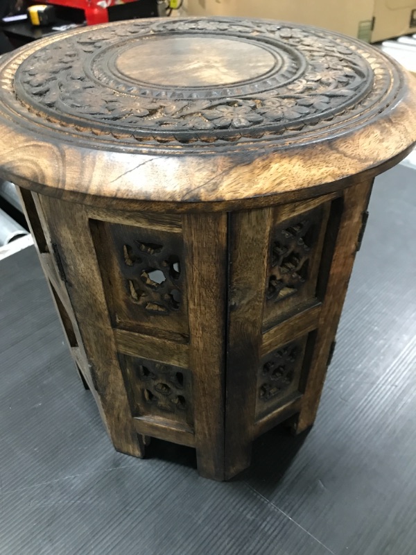 Photo 1 of Descent Art Designs Hand Carved Farmhouse Rustic Vintage Solid Wood Accent Table, Decorative Small Wooden Coffee Side Entryway Bedside Octagonal End Table - 12 Inch Round Burnt, 12x12 (77622) 