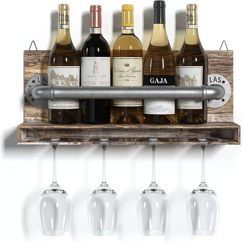 Photo 1 of BARNYARD DESIGNS Wall Mounted Wine Rack - Bottle and Glass Holder - Hanging Wood and Metal Wine Rack Wall Mount for Bar and Kitchen Decor, 20.5" x 8.75"
