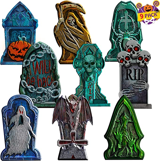 Photo 1 of 9 Pack Halloween Tombstone Yard Decorations, Outside Waterproof Graveyard Signs Decorations for Yard, Halloween Cemetary Headstone for Halloween Party, Garden Yard Decorations