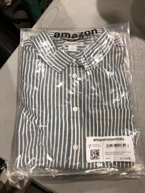 Photo 1 of Amazon Essentials Women's Classic-Fit Long-Sleeve Button-Down Poplin Shirt Medium Indigo, Stripe