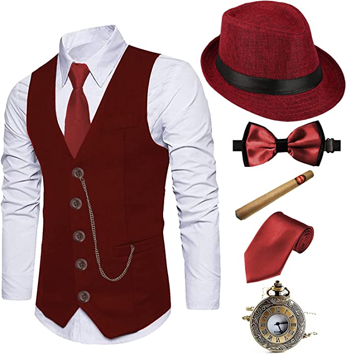 Photo 1 of 1920s Mens Costume Fedora Hat,Gatsby Gangster Vest,Vintage Pocket Watch,Pre Tied Bow Tie,Tie SIZE L 