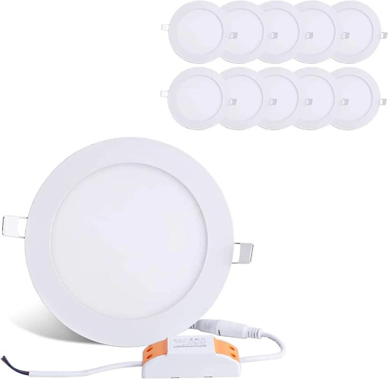 Photo 1 of 12W 6-inch Ultra-Thin Round LED Recessed Ceiling Panel Down Light Lamp with Driver, 1,000 Lumens, 80W Incandescent Equivalent, 6000K (Cool White), Home, Office, Commercial Lighting Pack of 10
