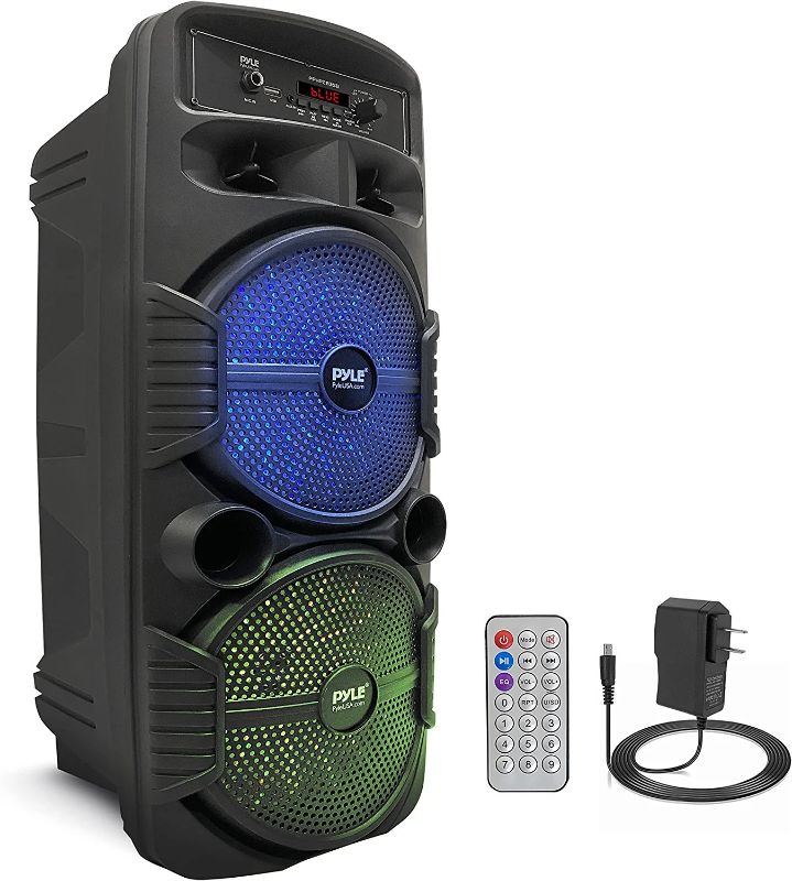 Photo 1 of Pyle Portable Bluetooth PA Speaker System - 600W Rechargeable Outdoor Bluetooth Speaker Portable PA System w/ Dual 8” Subwoofer 1” Tweeter, Microphone In, Party Lights, USB, Radio, Remote - PPHP2835B
