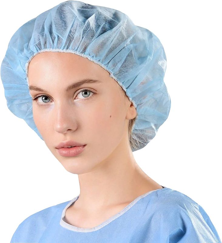 Photo 1 of AMZ Medical Supply Disposable Hair Covers for Nurses 24'', Pack of 100 Blue Disposable Hair Cap Medical Polypropylene, Breathable Disposable Bouffant Cap with Elastic Band for Hospitals, Food Industry 