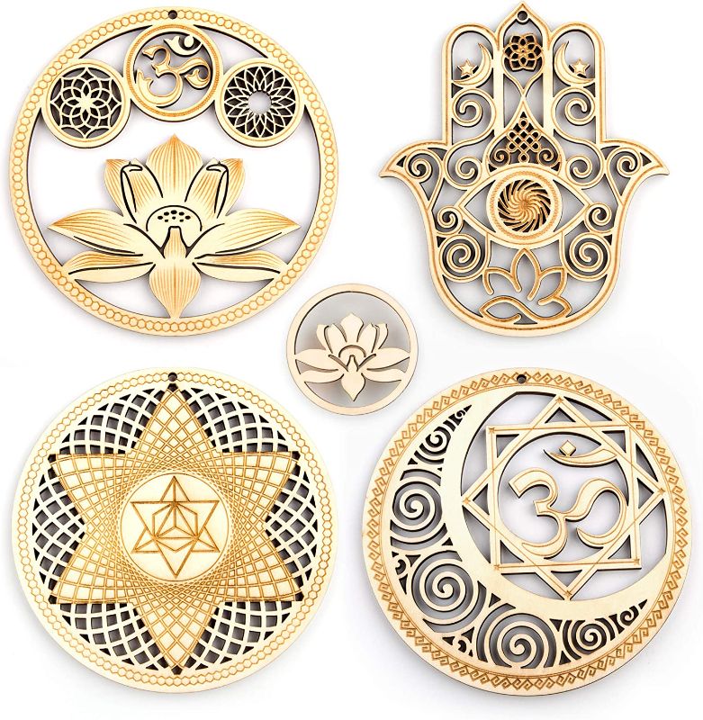 Photo 1 of 5.31" Sacred Geometry Wall Art 4 PCS Set, (Sacred Lotus, Hamsa Hand, Soul Star, Union Sun Moon) Crystal Grid Meditation Chakra Wooden Wall Art Yoga Decor Spiritual Gifts 