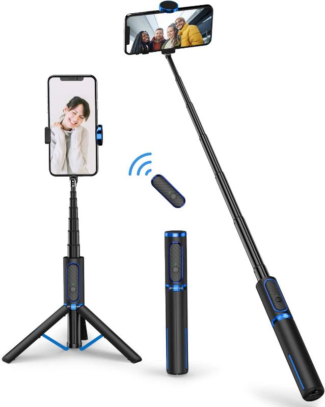 Photo 1 of ATUMTEK Bluetooth Selfie Stick Tripod, Extendable 3 in 1 Aluminum Selfie Stick with Wireless Remote and Tripod Stand 270 Rotation for iPhone 13/12/11 Pro/XS Max/XS/XR/X, Samsung and Smartphone Blue
