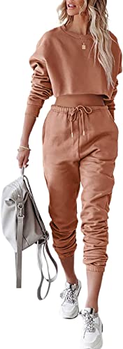 Photo 1 of Aleumdr Women's Two Piece Tracksuit Long Sleeve Crop Top Long Pants Outfits Jogger Sets with Pockets - M