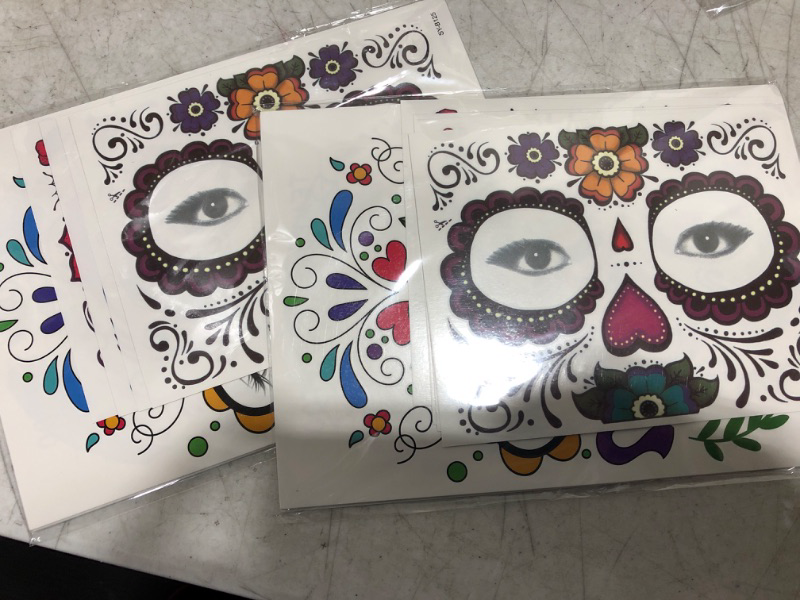 Photo 2 of 2 count of COKOHAPPY Halloween Temporary Face Tattoos Makeup Kit (13 Pack), Day of the Dead Sugar Skull Floral Black Skeleton Web Red Roses Full Face Mask Stickers Tattoo Families Party Supplies
