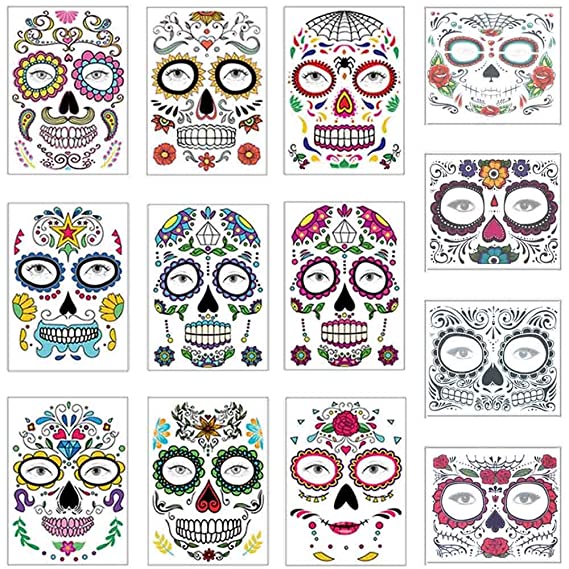 Photo 1 of 2 count of COKOHAPPY Halloween Temporary Face Tattoos Makeup Kit (13 Pack), Day of the Dead Sugar Skull Floral Black Skeleton Web Red Roses Full Face Mask Stickers Tattoo Families Party Supplies
