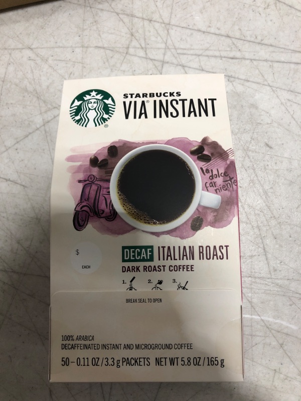 Photo 1 of Starbucks VIA Instant Coffee—Dark Roast Coffee—Decaf Italian Roast—100% Arabica—1 box (50 packets) Decaf Italian 50 Count (Pack of 1)