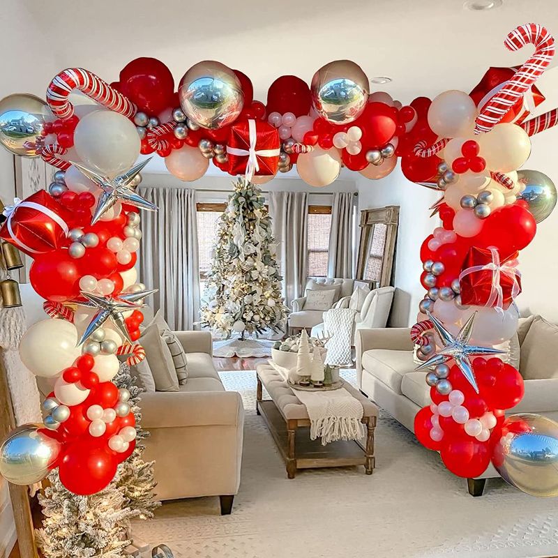 Photo 1 of 160 Pack Christmas Balloon Garland Arch kit Christmas Red White and Siliver Balloons Cane Balloons Star Foil Cone Balloons Gift Box Balloons Merry Christmas Party Supplies for Christmas Indoor Outdoor Holiday Party Decorations 