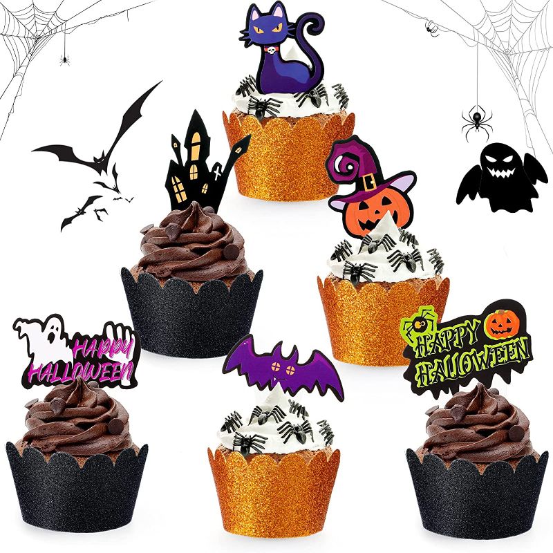 Photo 1 of 48 Pieces Halloween Cupcake Toppers and Cupcake Wrapper Liners Halloween Cupcake Toothpick Flags Markers Pumpkin Bat Ghost Haunted House Cupcake Pick for Halloween Party Cake Decorations 3pk